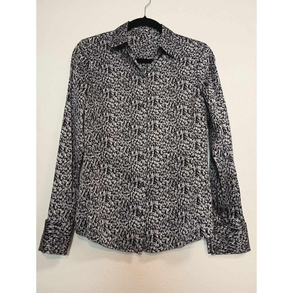 Ann Taylor Womens Black White Abstract Silk Button Down Long Sleeve Blouse Small